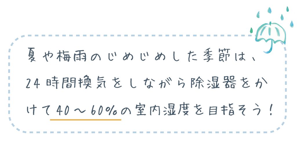 夏や梅雨のジメジメした季節は、24時間換気をしながら除湿器をかけて40~60%の室内湿度を目指そう!